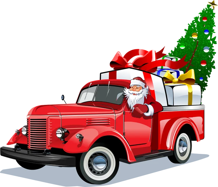 Santa driving a vintage red truck full of presents